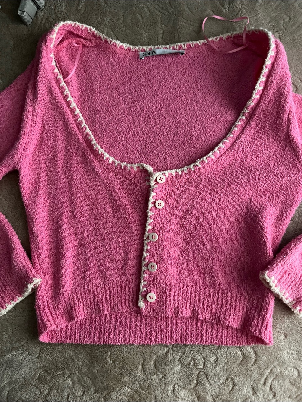 Pink Cropped Button-Front Knit Top with Contrast Trim